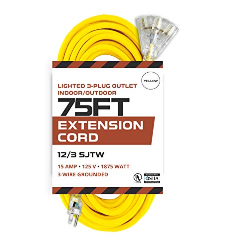 10/3 75ft Lighted Extension Cord 15 Amp,125 Volt,1875 W Outdoor
