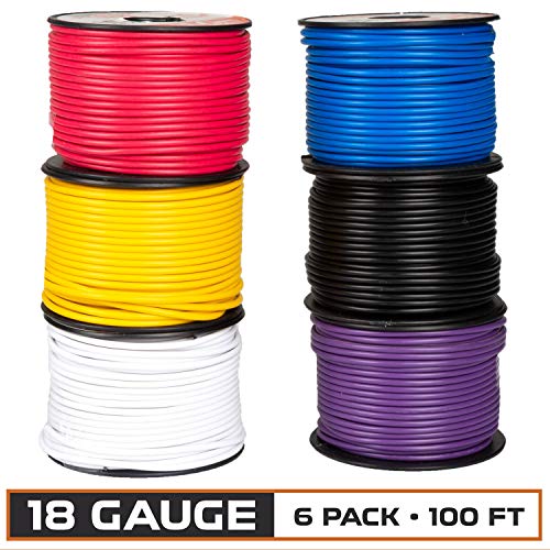 18 Gauge Primary Wire - 6 Roll Assortment Pack - 100 Ft of Copper Clad Aluminum Wire per Roll
