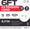 6 Ft White Extension Cord - 16/3 Durable Electrical Cable