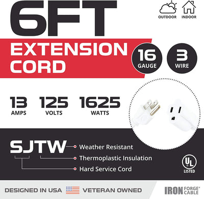 6 Ft White Extension Cord - 16/3 Durable Electrical Cable