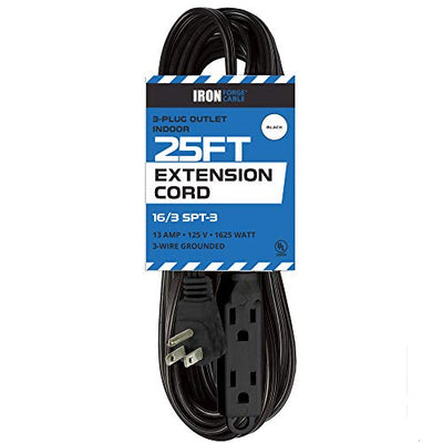 25 Ft Extension Cord with 3 Electrical Power Outlet - 16/3 Durable Black Cable