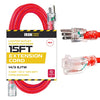 15 Ft Lighted Extension Cord - 14/3 SJTW Heavy Duty Red Outdoor Extension Cable with 3 Prong Grounded Plug for Safety - Great for Garden & Major Appliances