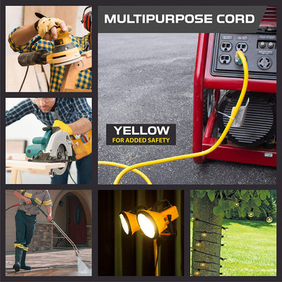 100 Foot Lighted Outdoor Extension Cord - 14/3 SJTW Heavy Duty Yellow Extension Cable with 3 Prong Grounded Plug for Safety - Great for Garden and Major Appliances