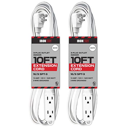 2 Pack of 10 Ft Extension Cords with 3 Electrical Power Outlets - 16/3 Durable White Cable