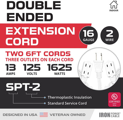 6 Ft Double Ended Extension Cord, White - 16/2 SPT-2 Split Electrical Cable with 6 Power Outlets