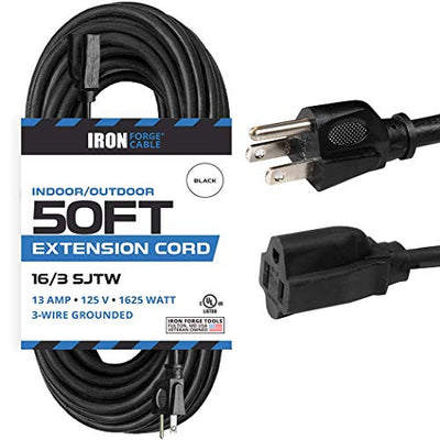 50 Ft Black Extension Cord - 16/3 Durable Electrical Cable