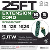 25 Ft Extension Cord with 3 Electrical Power Outlets - 16/3 SJTW Durable Green Cable