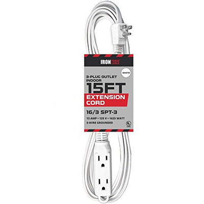 15 Ft Extension Cord with 3 Electrical Power Outlet - 16/3 Durable White Cable