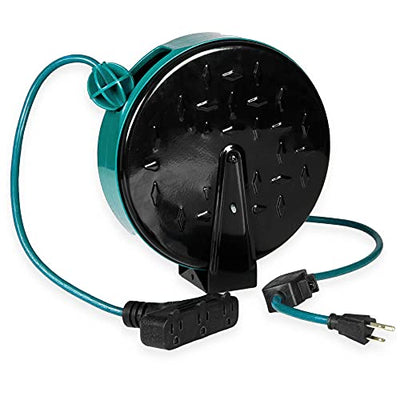 30Ft Retractable Extension Cord Reel with Breaker Switch & 3 Electrical Power Outlets - 16/3 SJTW Durable Teal Cable - Perfect for Hanging from Your Garage Ceiling