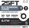EV Extension Cord /20 Amp Dryer - 5-20P to 5-20R Lighted Black SJTW 25 Ft