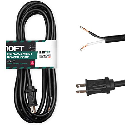 12 AWG Replacement Power Cord with Open End - 10 Ft Black, 2 Wire 12/2 SJT