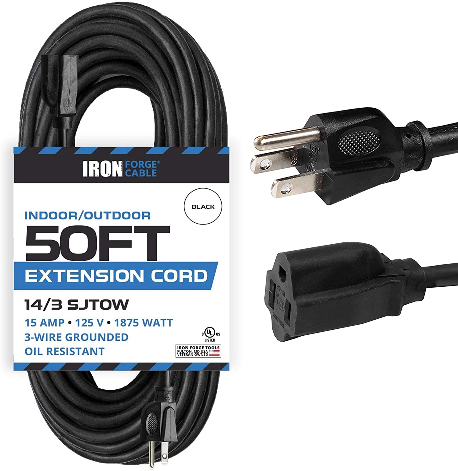 50 Ft Black Oil Resistant Extension Cord for Farms and Ranches - 14/3 SJTOW Heavy Duty Outdoor Electrical Cable with 3 Prong Grounded Plug for Safety