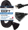 100 Ft Black Oil Resistant Extension Cord with 3 Electrical Power Outlets for Farms and Ranches - 14/3 SJTOW Heavy Duty Cable with 3 Prong Grounded Plug for Safety