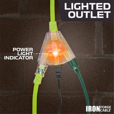 10 Foot Outdoor Extension Cord with 3 Electrical Power Outlets - 12/3 SJTW Neon Green High Visibility 12 Gauge Lighted Extension Cable with 3 Prong Grounded Plug for Safety