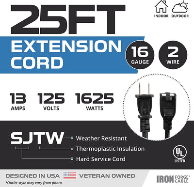 Iron Forge 25 Ft Water Resistant 16/2 Outdoor Extension Cord - SJTW Black Long Cable with 2 Prong Polarized Plug 16 AWG 13 Amps