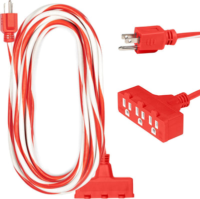 25 Ft Outdoor Candy Cane Extension Cord with 3 Electrical Power Outlets - 16/3 SJTW Durable Red & White Cable