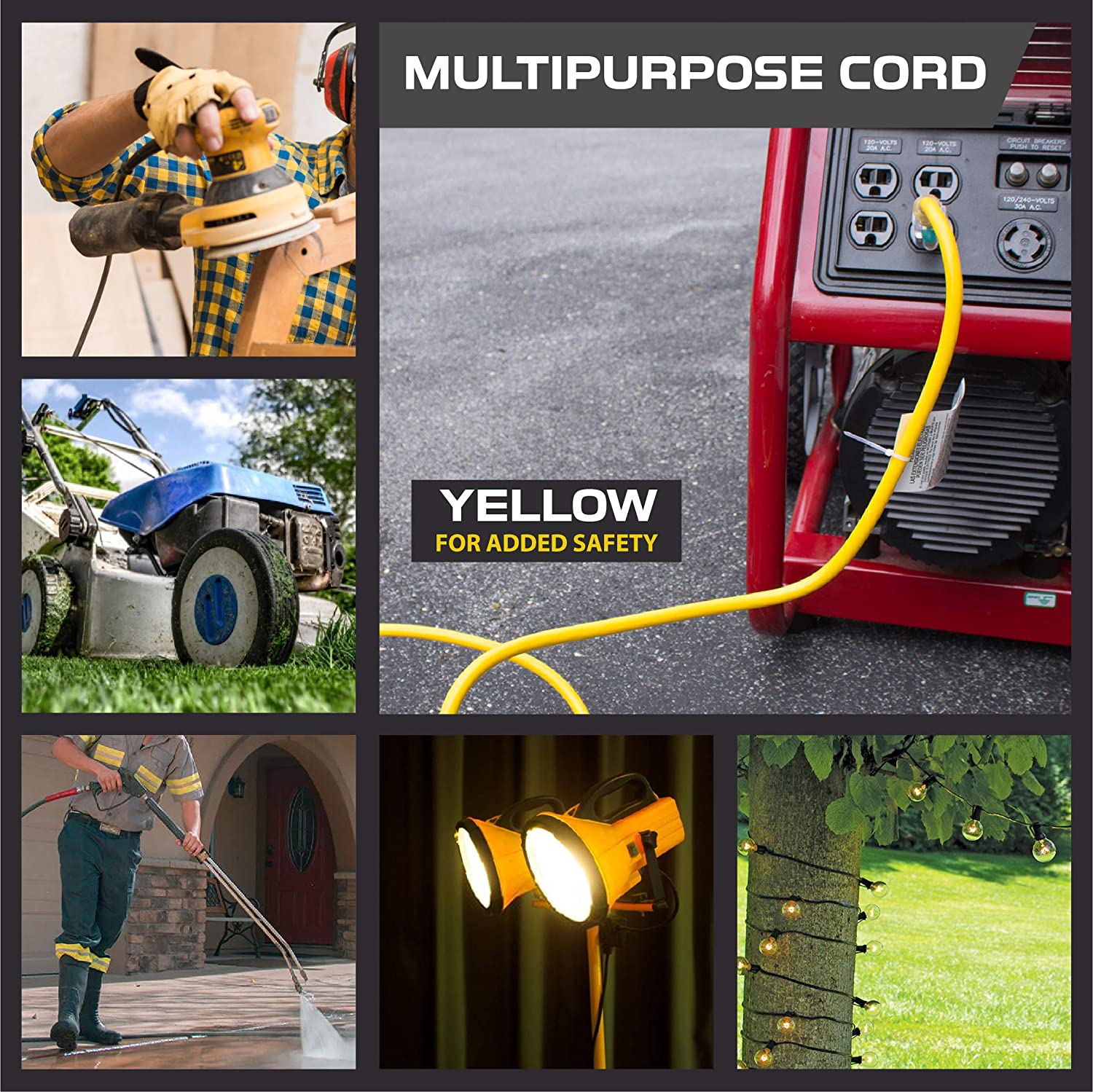 200 Foot Lighted Outdoor Extension Cord - 10/3 SJTW Yellow 10 Gauge  Extension Cable with 3 Prong Grounded Plug for Safety - Great for Garden  and Major