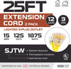 2 Pack of 25 Foot Outdoor Extension Cord with 3 Electrical Power Outlets - 12/3 SJTW Heavy Duty Yellow Lighted Extension Cable with 3 Prong Grounded Plug for Safety
