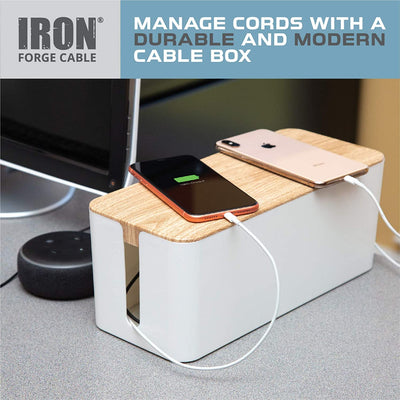 Large Cable Management Box - White Cord Organizer and Hider for Wires, Power Strips, Surge Protectors & More - Includes Cable Sleeve, Hook and Loop Keepers, Zip Ties & Clips