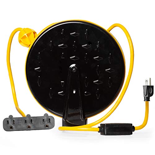 Retractable Extension Cord Reel with 3 Electrical Power Outlets - Perfect  for Hanging from Your Garage Ceiling (16/3 Gauge, 30ft Length - Yellow 