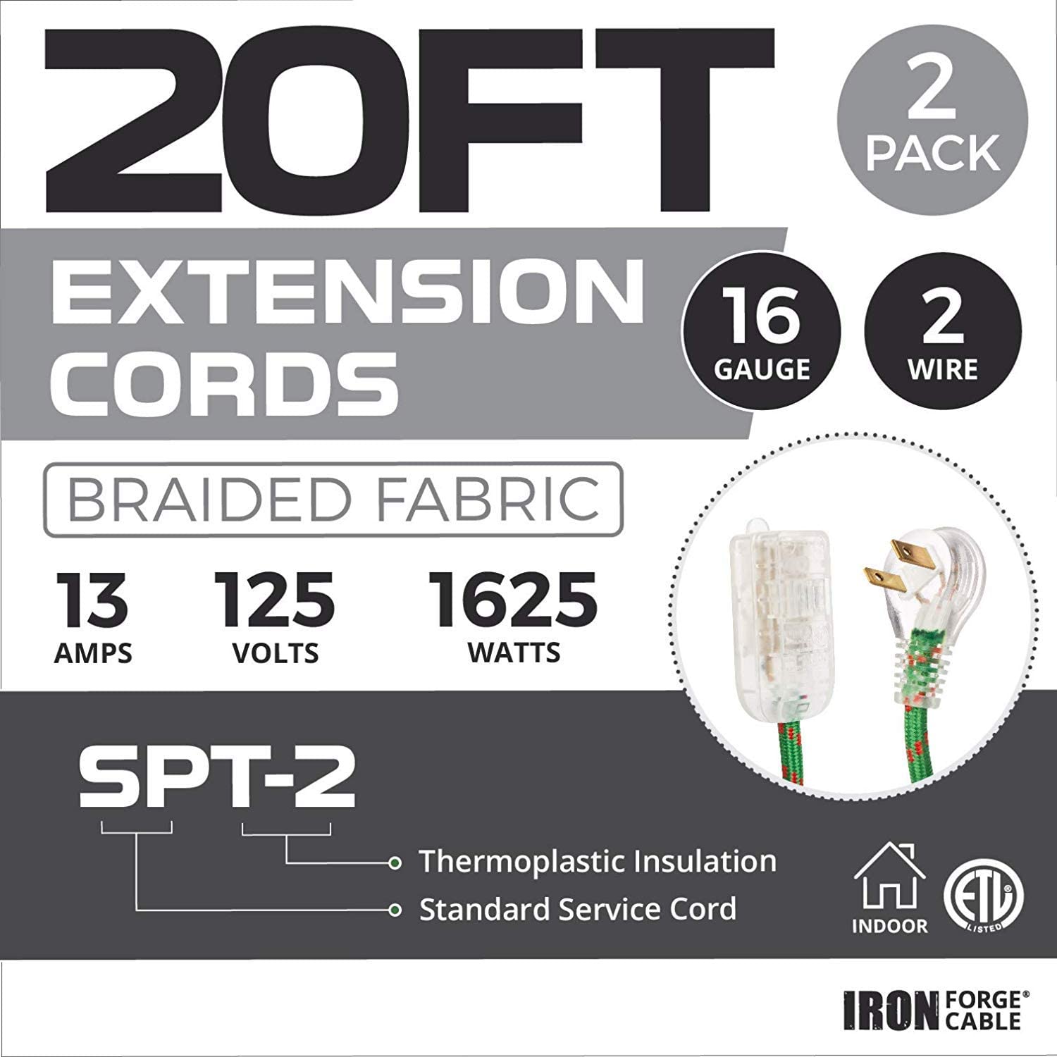 20Ft Fabric Extension Cord 2 Pack - 16/2 SPT-2 Green Braided Cloth