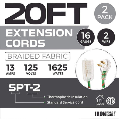 20Ft Fabric Extension Cord 2 Pack - 16/2 SPT-2 Green Braided Cloth Electrical Power Cable Set