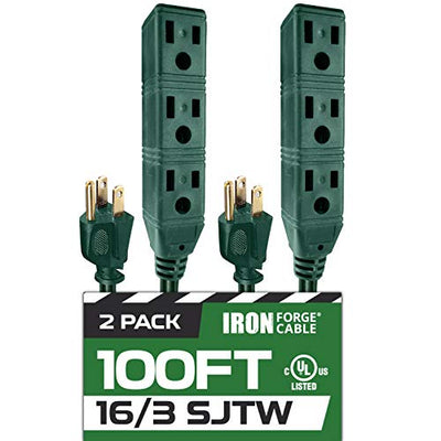 100 Ft Extension Cord 2 Pack - 16/3 SJTW Durable Green Cable with 3 Electrical Power Outlets