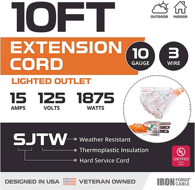 10 Ft Outdoor Extension Cord-3 Outlet-10/3 Orange-10 Gauge Lighted-3 P -  iron forge tools