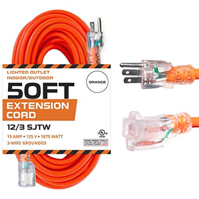 50 Ft Orange Extension Cord - 12/3 SJTW Heavy Duty Lighted Outdoor Extension Cable with 3 Prong Grounded Plug for Safety - Great for Garden & Major Appliances