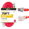 75 Ft Lighted Extension Cord - 14/3 SJTW Heavy Duty Red Outdoor Extension Cable with 3 Prong Grounded Plug for Safety - Great for Garden & Major Appliances