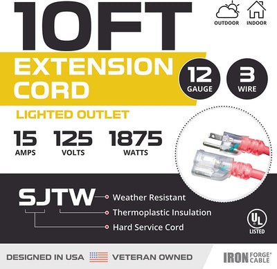 10 Ft Lighted Extension Cord - 12/3 SJTW Heavy Duty Red Outdoor Extension Cable with 3 Prong Grounded Plug for Safety - Great for Garden & Major Appliances