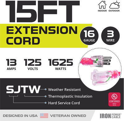 15 Ft Outdoor Extension Cord - 16/3 SJTW Durable Pink Cable with 3 Prong Grounded Plug for Safety