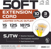 50 Foot Lighted Outdoor Extension Cord with 3 Electrical Power Outlets - 10/3 SJTW Yellow 10 Gauge Extension Cable with 3 Prong Grounded Plug for Safety