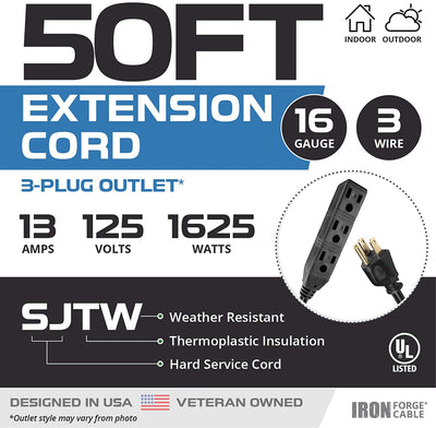 50 Ft Black Extension Cord with 3 Electrical Power Outlets - 16/3 SJTW Durable Cable with 3 Prong Grounded Plug for Safety