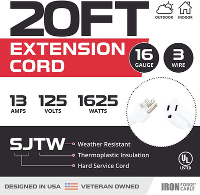 20 Ft White Extension Cord - 16/3 Durable Electrical Cable