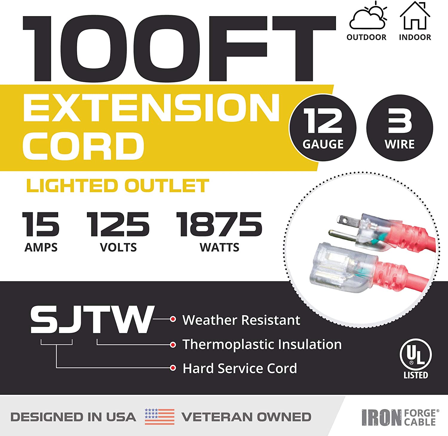 100 Ft Lighted Extension Cord - 12 Gauge- Red