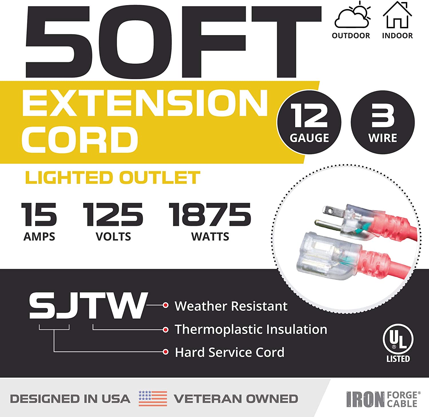 50 Ft Lighted Extension Cord - 12/3 SJTW Heavy Duty Red Outdoor Extens -  iron forge tools