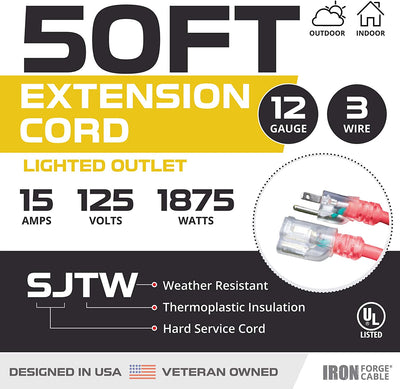50 Ft Lighted Extension Cord - 12/3 SJTW Heavy Duty Red Outdoor Extension Cable with 3 Prong Grounded Plug for Safety - Great for Garden & Major Appliances