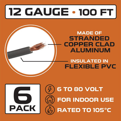 12 Gauge Primary Wire - 6 Roll Assortment Pack - 100 Ft of Copper Clad Aluminum Wire per Roll