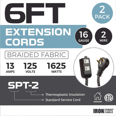 6Ft Fabric Extension Cord 2 Pack - 16/2 SPT-2 Black and White Braided Cloth Electrical Power Cable Set