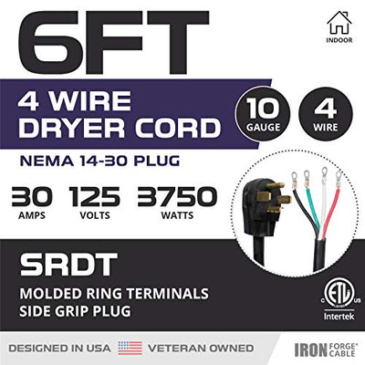 4 Prong Dryer Cord - 6 Ft Dryer Extension Cord Power Plug, 10/4 SRDT, 30 Amp, NEMA 14-30, Black