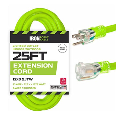 25 Ft Outdoor Extension Cord-12/3 Neon Green-12 Gauge Lighted-3 Prong Plug
