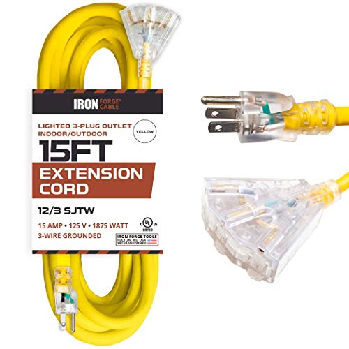 15 Foot Lighted Outdoor Extension Cord with 3 Electrical Power Outlets - 12/3 SJTW Heavy Duty Yellow Extension Cable with 3 Prong Grounded Plug for Safety