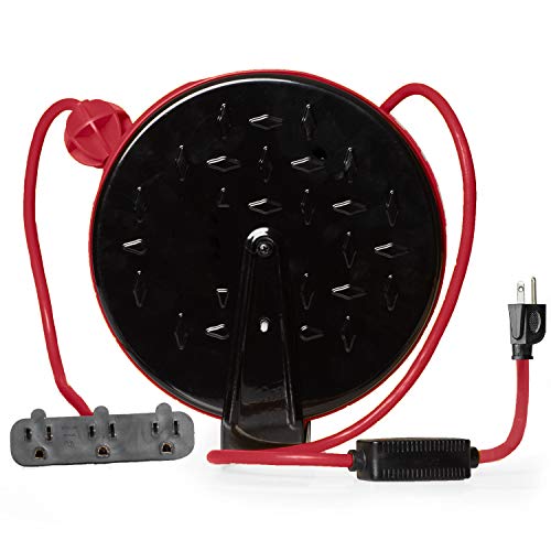 30Ft Retractable Extension Cord Reel with Breaker Switch & 3 Electrical  Power Outlets - 16/3 SJTW Durable Red Cable - Perfect for Hanging from Your