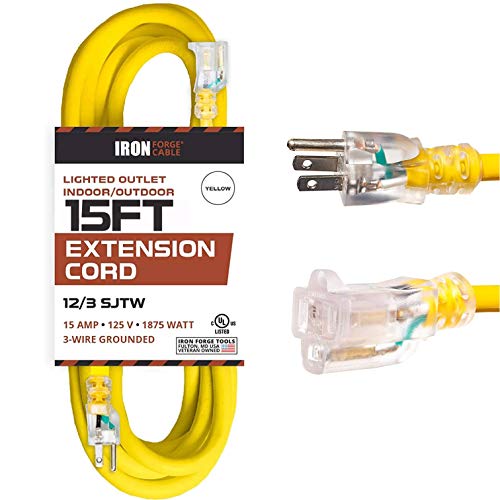 15 Foot Lighted Outdoor Extension Cord - 12/3 SJTW Heavy Duty Yellow Extension Cable with 3 Prong Grounded Plug for Safety - Great for Garden and Major Appliances