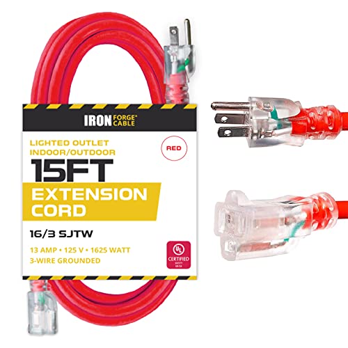 15 Ft Lighted Extension Cord - 16 Gauge- Red