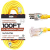 100 Foot Lighted Outdoor Extension Cord - 14/3 SJTW Heavy Duty Yellow Extension Cable with 3 Prong Grounded Plug for Safety - Great for Garden and Major Appliances