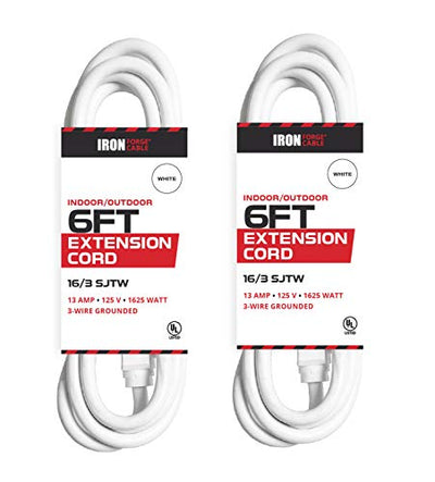 6 Ft White Extension Cord 2 Pack - 16/3 Durable Electrical Cable