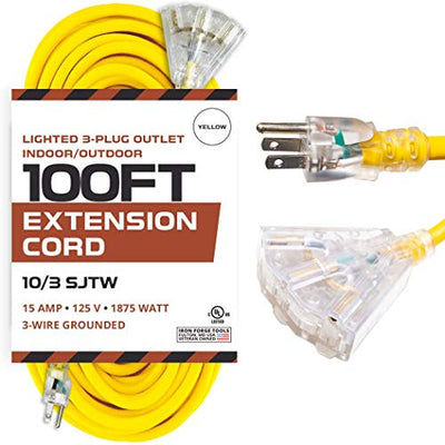 Lighted Outdoor Extension Cord with 3 Electrical Power Outlets - 10/3 SJTW Heavy Duty Yellow Cable with 3 Prong Grounded Plug for Safety (100ft - Yellow with Powerblock)
