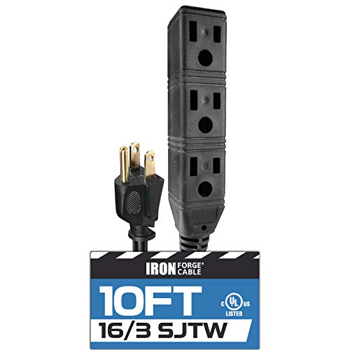 10 Ft Black Extension Cord with 3 Electrical Power Outlets - 16/3 SJTW Durable Cable with 3 Prong Grounded Plug for Safety